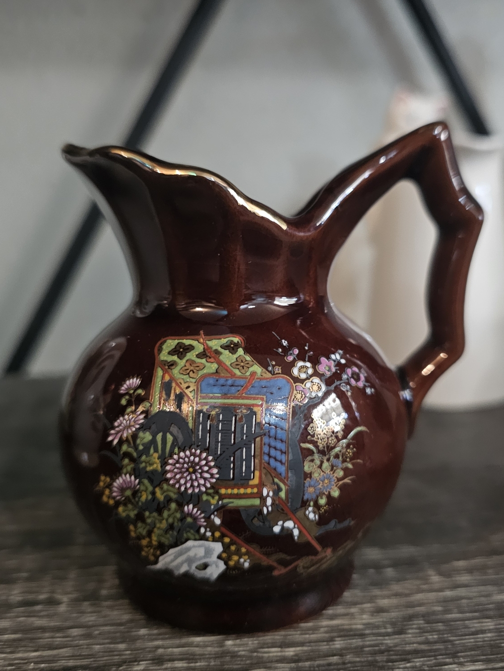 Vintage Brown Floral Ceramic Pitcher with Multicolor Asian-Inspired Motif